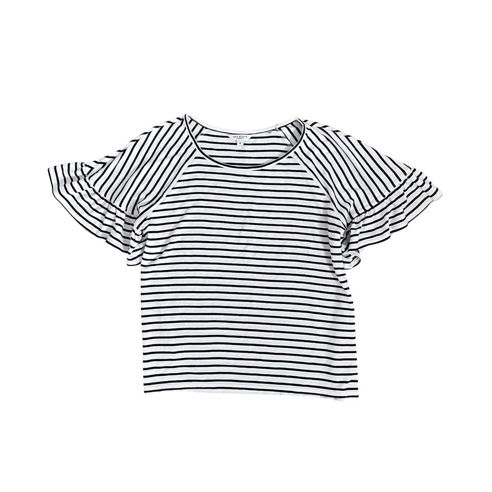 Max Studio London Striped Ruffle Sleeve Top Black White Minimalist Casual Medium